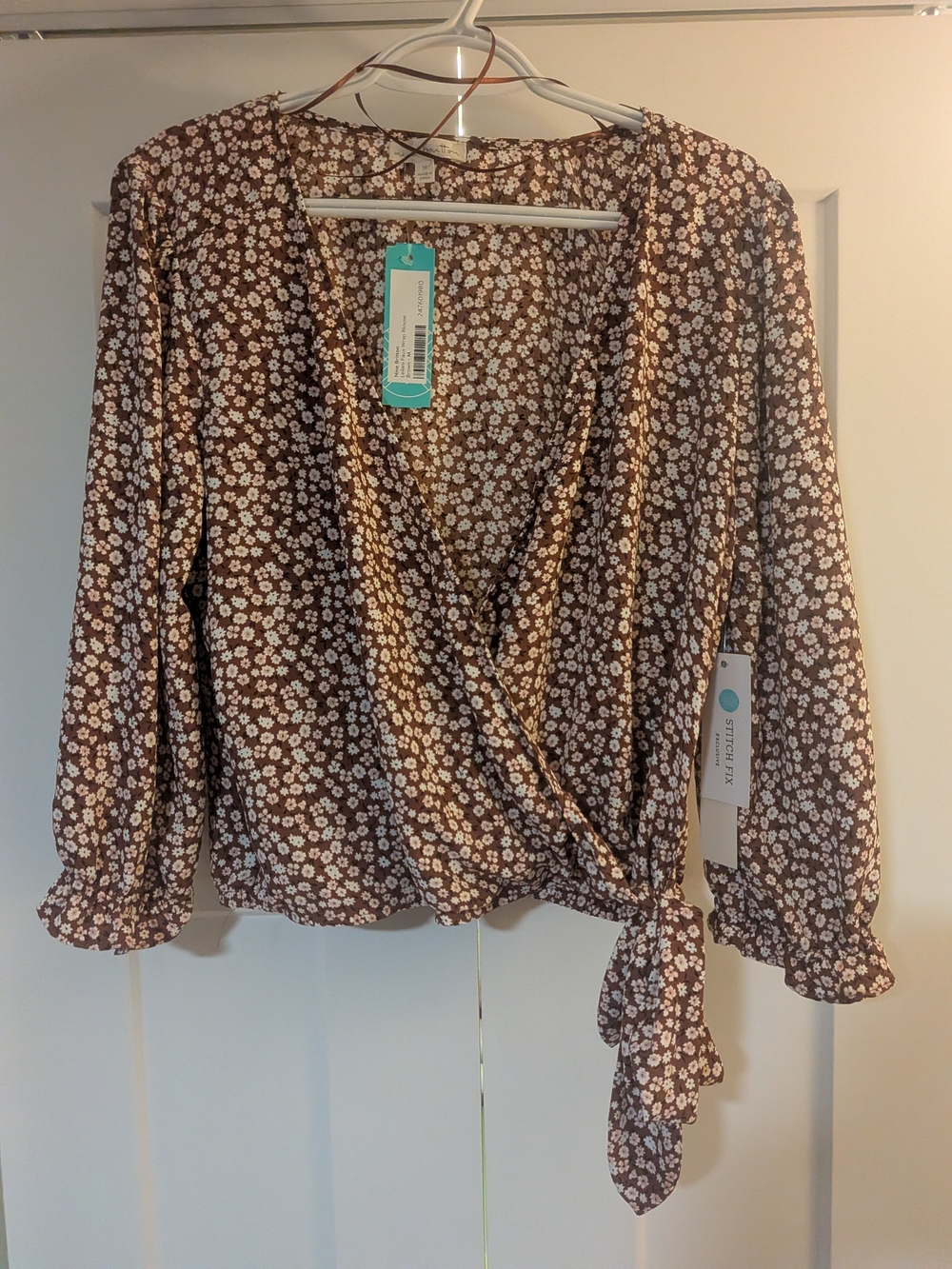 Nine Britton Women's M Leilani Faux Wrap Blouse Brown Floral W Tie Fall